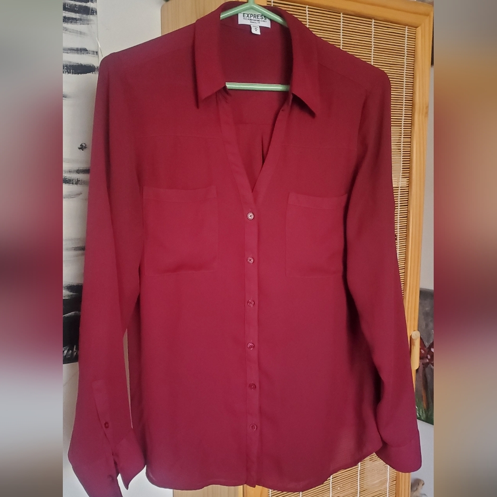 Express Portofino Deep Red Long Sleeve Blouse